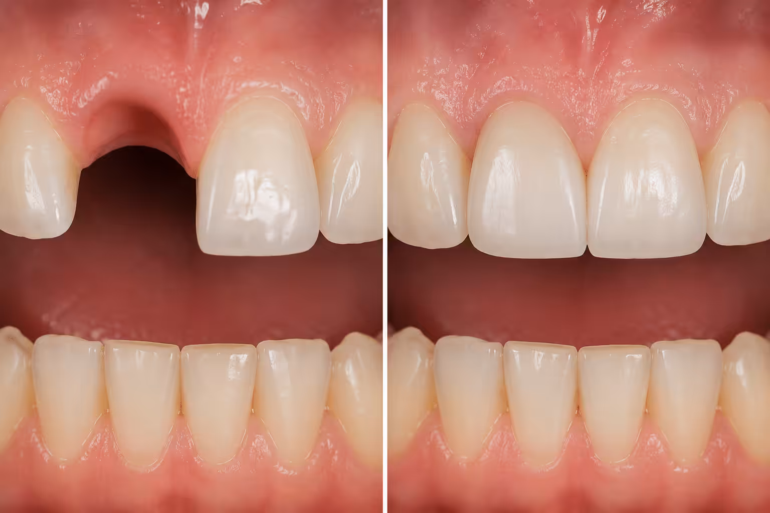 Before and after a single tooth dental implant fills a front tooth gap