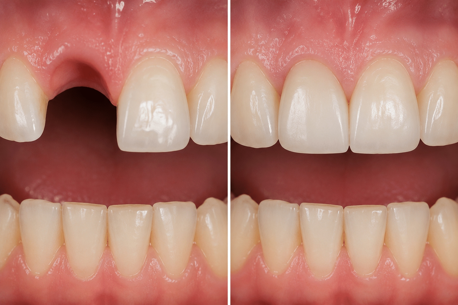 Before and after a single tooth dental implant fills a front tooth gap