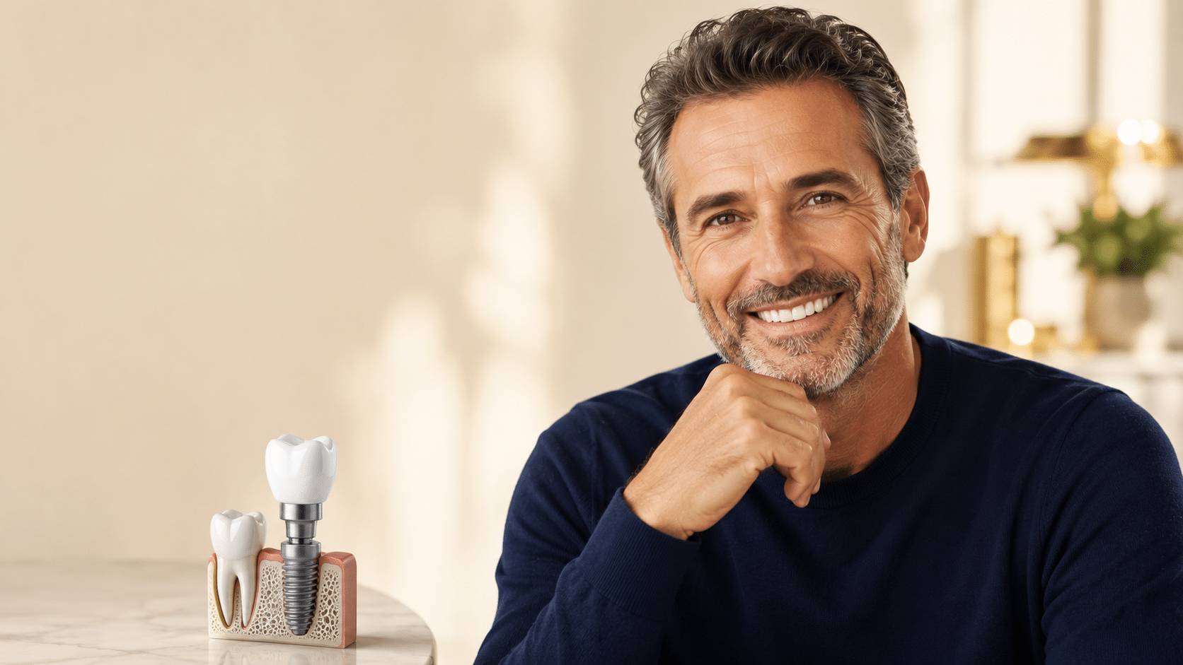Confident man still smiling years after his dental implant treatment