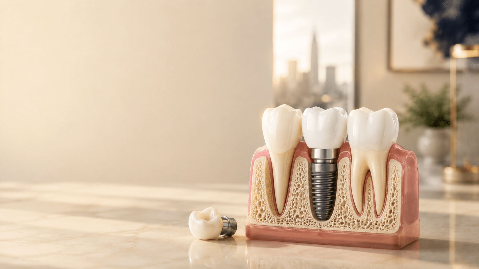 Cross-section model of a
dental implant showing the titanium post, abutment, and crown