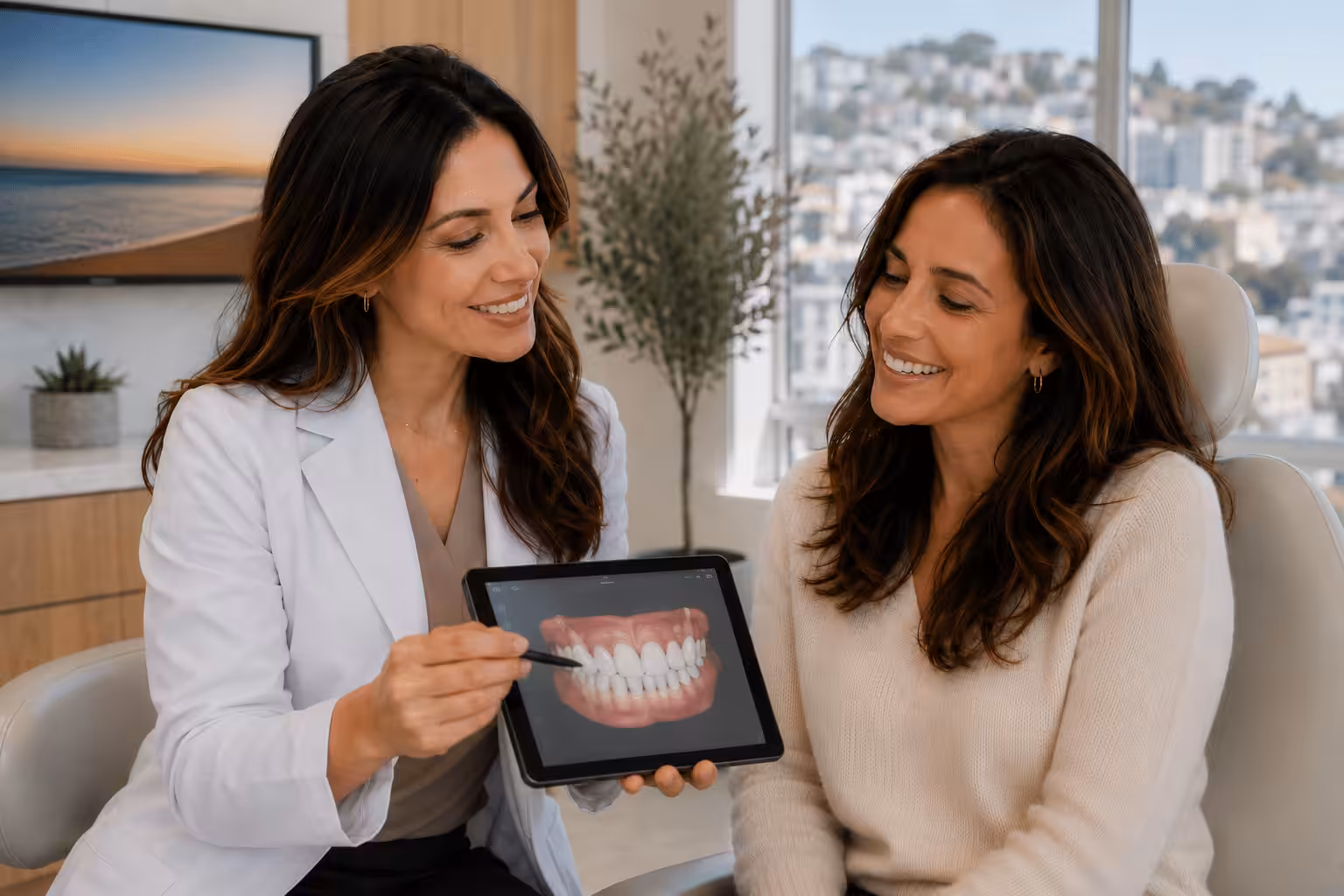 San Francisco Dentist and Patient looking at a cosmetic 
  dentistry smile makeover