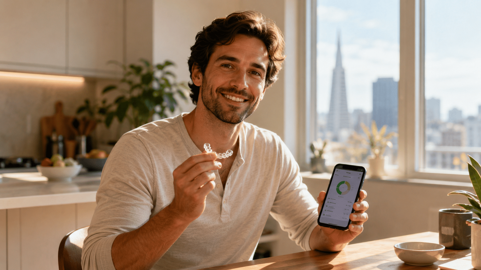 Man in San Francisco holding a clear Invisalign aligner while reviewing a monthly payment plan on his phone