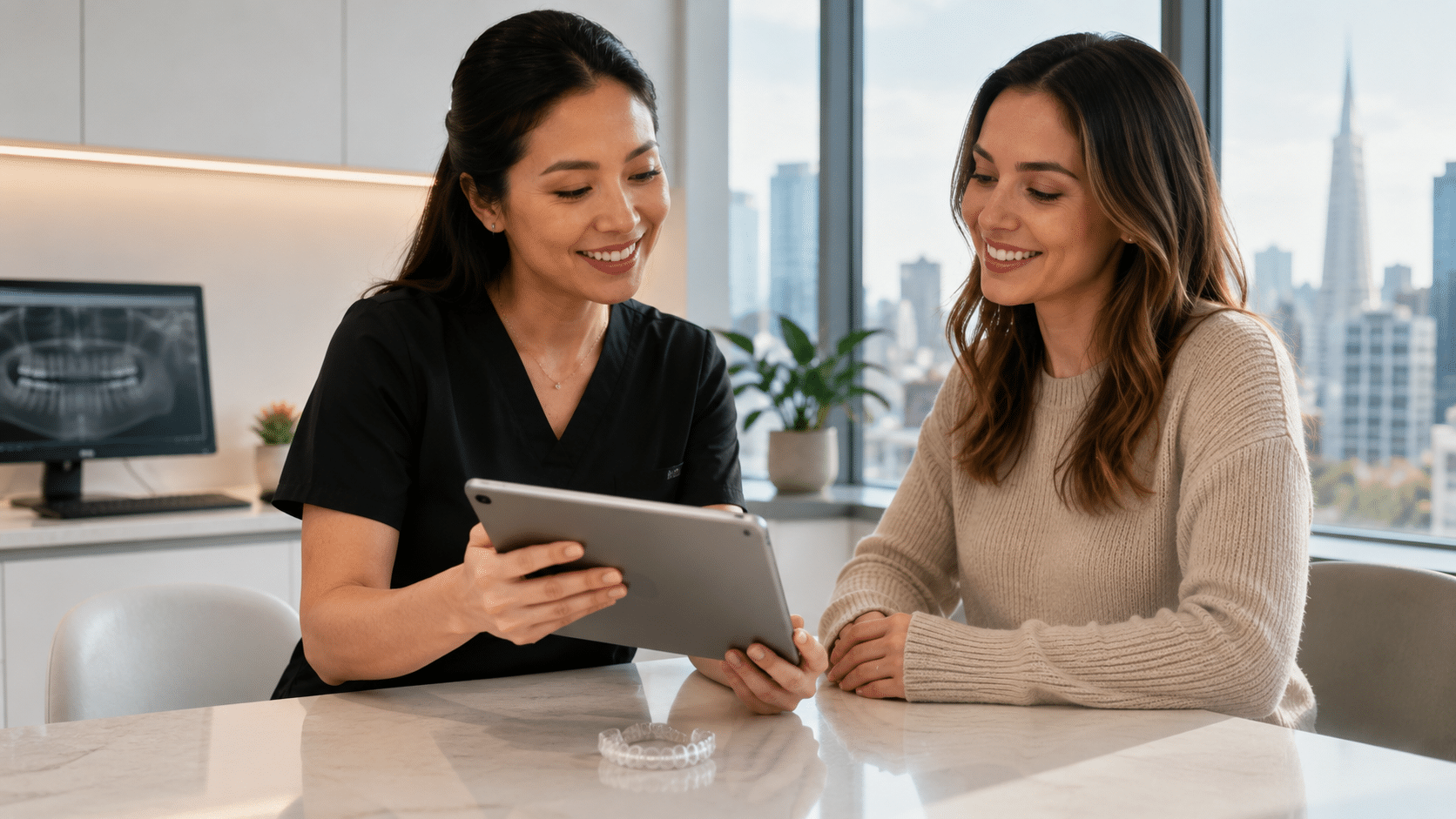 Dental treatment coordinator reviewing Invisalign insurance coverage with a patient at a San Francisco dental office