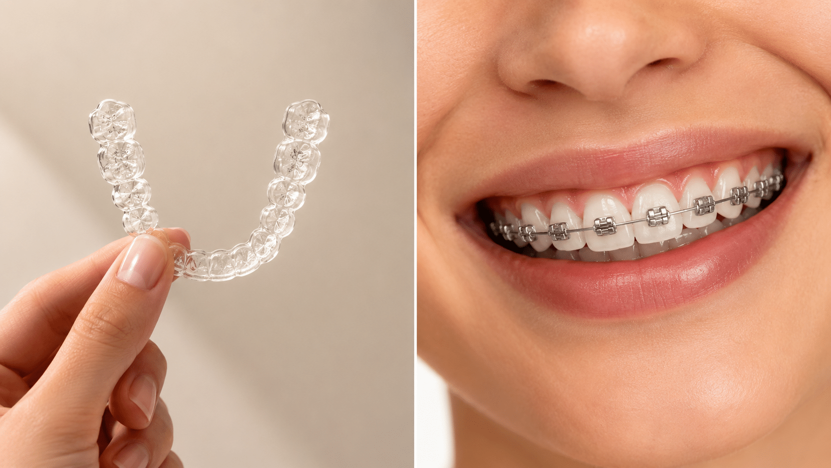 Side-by-side comparison of a clear Invisalign aligner and traditional metal braces