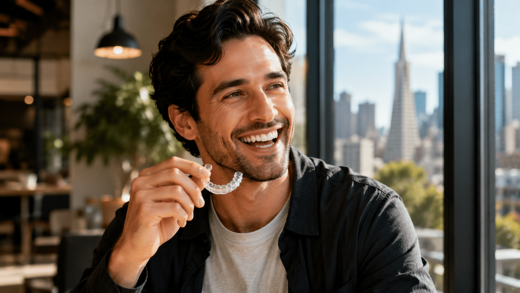 Man in San Francisco smiling confidently while holding a clear Invisalign aligner