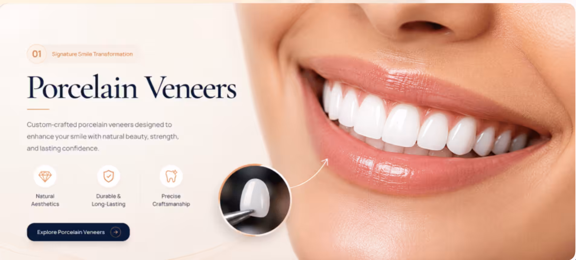 Close-up of porcelain veneers showing a bright, 
  natural-looking smile
