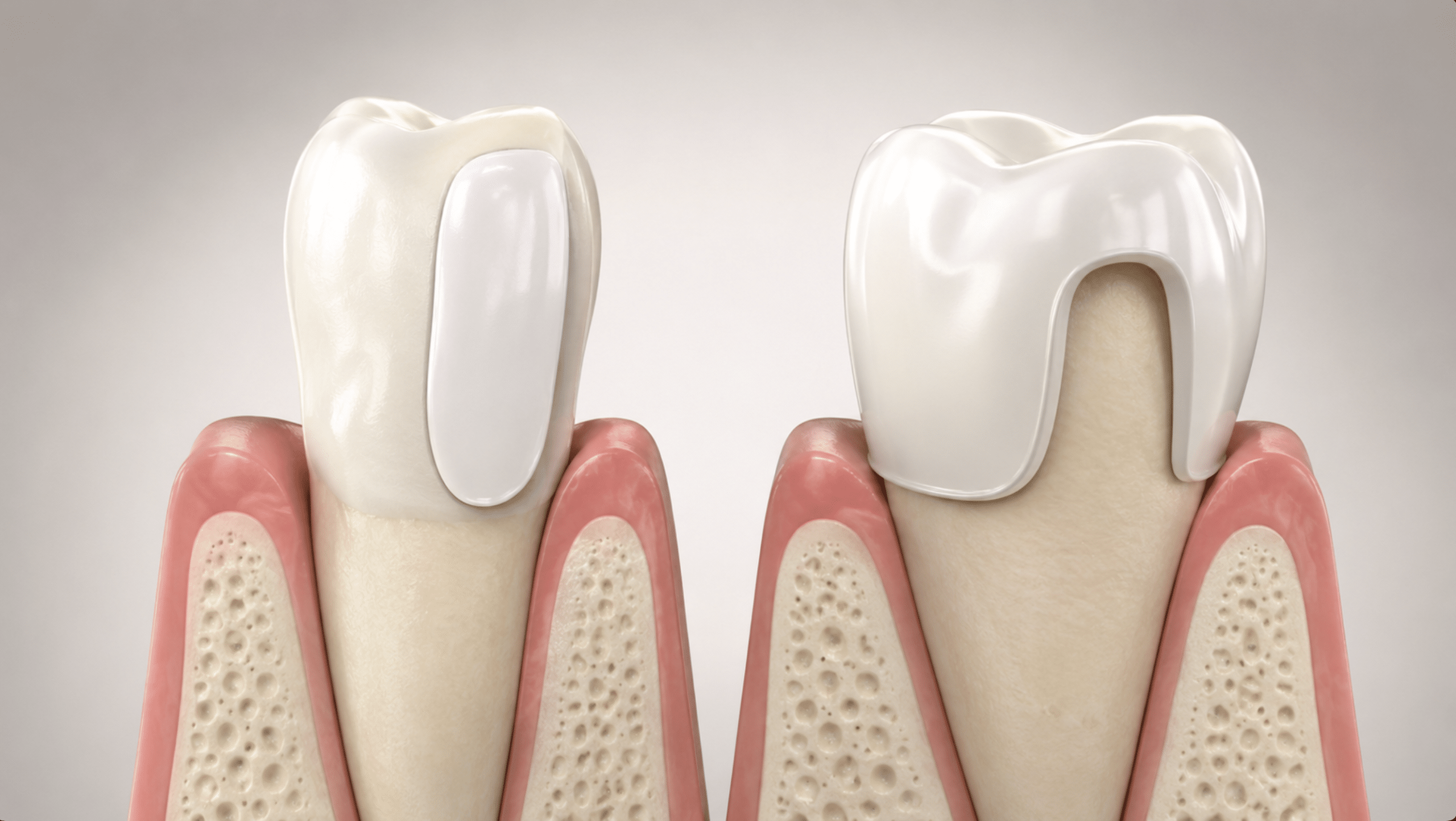 Illustration comparing a porcelain veneer and a dental crown on natural teeth