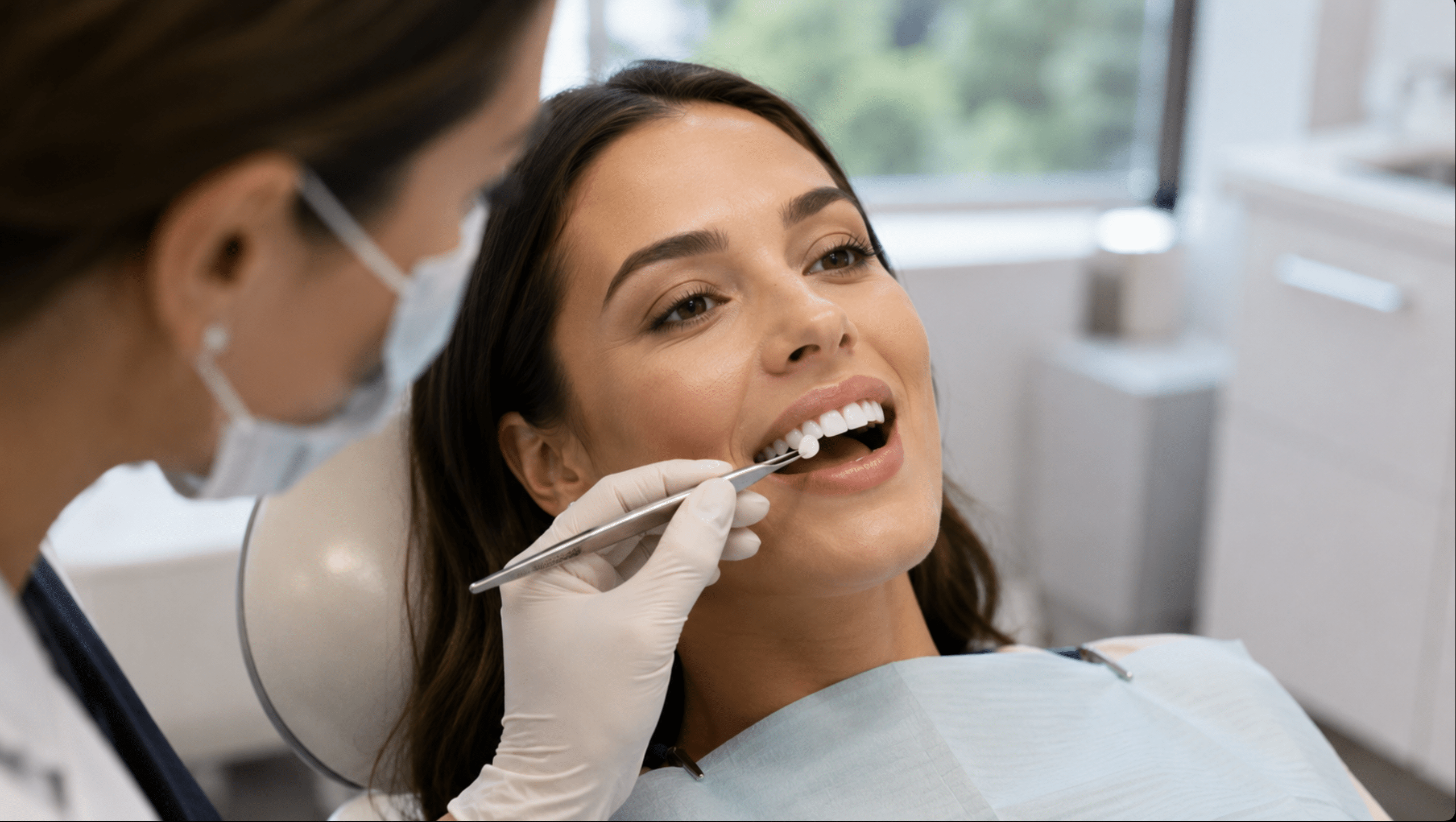 A dentist matching a porcelain veneer shade to a patient's teeth in the dental chair